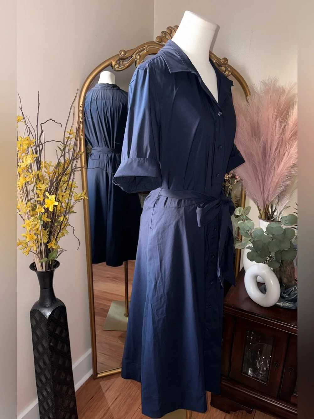 Lauren Ralph Lauren black label Navy button up maxi Dress with Tie Belt - Picture 3 of 9
